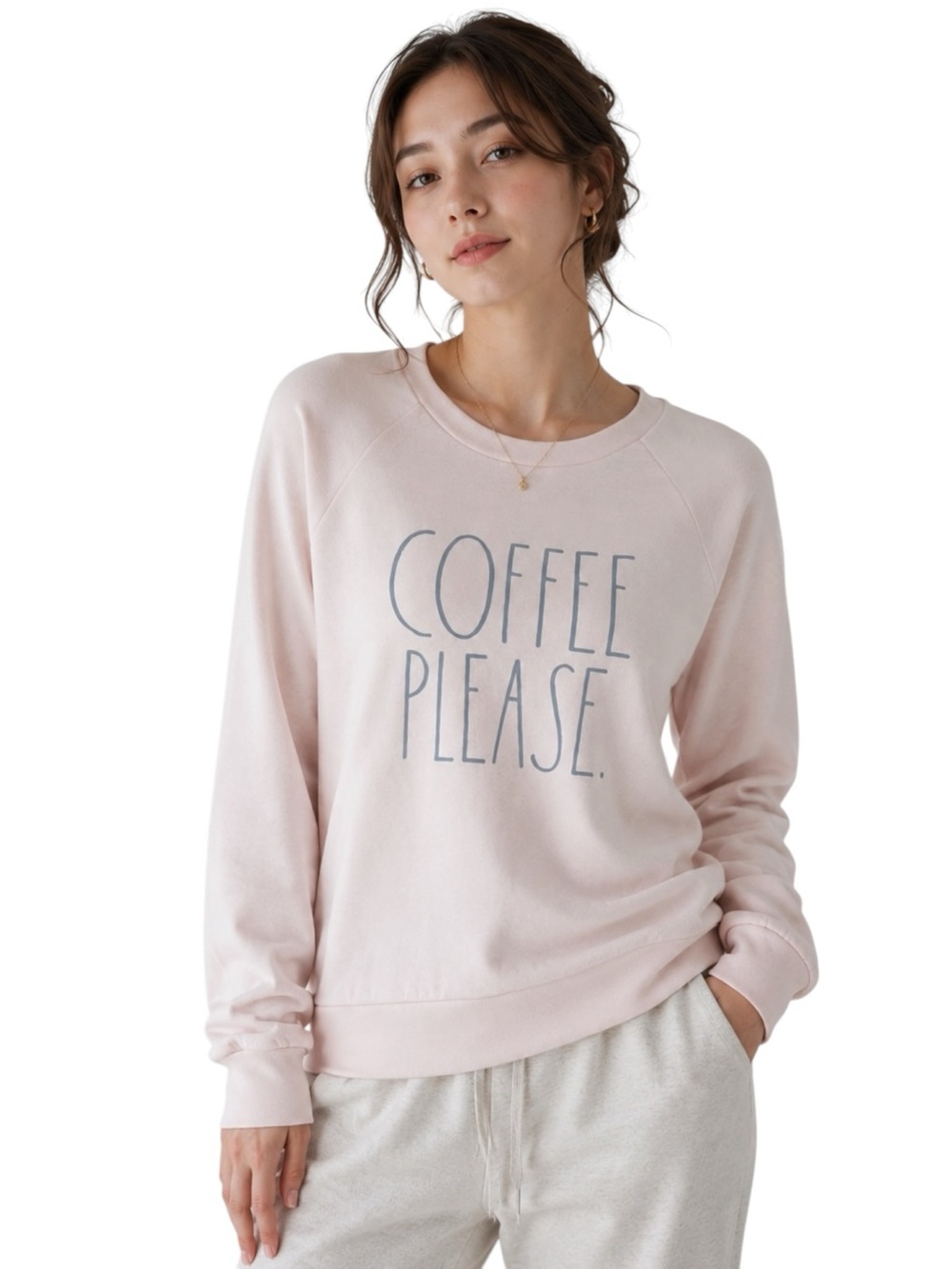 Rae Dunn Coffee Please Crew Neck Pullover Sweater in Soft Pink